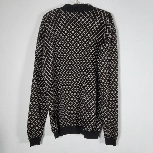 Paul Parker Mens XL Diamond Pattern Cardigan Sweater Black/Beige Full-Zip New